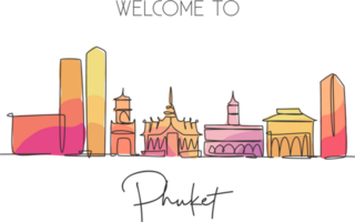 eine durchgehende strichzeichnung der skyline von phuket, thailand. schönes Wahrzeichen. Weltlandschaftstourismusreise-Ferienplakat. bearbeitbare, stilvolle, einzeilige, strichzeichnung, design, vektor, illustration png