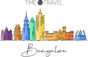One single line drawing of Bangalore city skyline, India. Historical town landscape in world. Best holiday destination. Editable stroke trendy continuous line draw design vector graphic illustration png