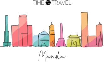 enda kontinuerlig linjeritning av manila city skyline filippinerna. berömda stadsskrapalandskap. världsresor koncept hem konst väggdekor affischtryck. moderna en rad rita design vektorillustration png