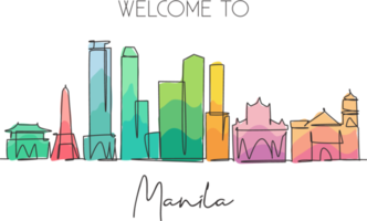 un disegno a linea singola dello skyline della città di manila, filippine. paesaggio storico della città nel mondo. migliore destinazione per le vacanze. tratto modificabile illustrazione vettoriale di disegno a linea continua alla moda png