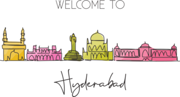 One continuous line drawing of Hyderabad city skyline, India. Beautiful city landmark wall decor poster. World landscape tourism travel vacation. Stylish single line draw design vector illustration png