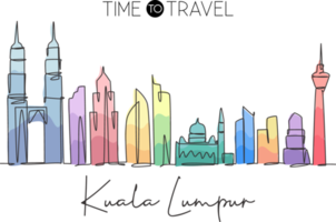 Single continuous line drawing of Kuala Lumpur city skyline, Malaysia. Famous city landscape. World travel concept home wall decor art poster print. Modern one line draw design vector illustration png