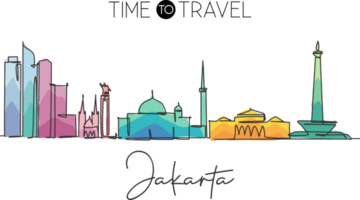 eine durchgehende strichzeichnung der skyline von jakarta, indonesien. schönes Wahrzeichen. Weltlandschaftstourismusreise-Ferienplakat. bearbeitbare, stilvolle, einzeilige, strichzeichnung, design, vektor, illustration png