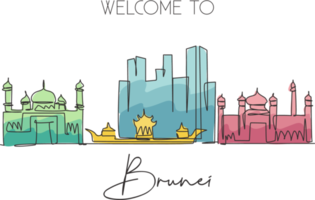 One single line drawing of Bandar Seri Begawan city skyline, Brunei Darussalam. Town landscape in the world. Best holiday destination. Editable stroke continuous line draw design vector illustration png