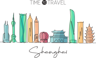 One continuous line drawing of Shanghai city skyline China. Beautiful landmark. World landscape tourism and travel vacation. Editable stylish stroke single line draw graphic design vector illustration png