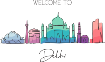 One single line drawing of Delhi city skyline, India. Historical town landscape in the world. Best holiday destination. Editable stroke trendy continuous line draw design vector graphic illustration png