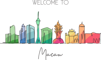 One single line drawing of Macau city skyline, China. Historical town landscape in the world. Best holiday destination. Editable stroke trendy continuous line draw design graphic vector illustration png