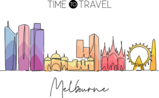 Single continuous line drawing of Melbourne city skyline, Australia. Famous city landscape. World travel concept home wall decor art poster print. Modern one line draw design vector illustration png