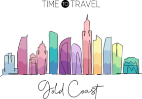 One single line drawing Gold Coast city skyline, Australia. Historical town landscape in world. Best holiday destination poster. Editable stroke trendy continuous line draw design vector illustration png