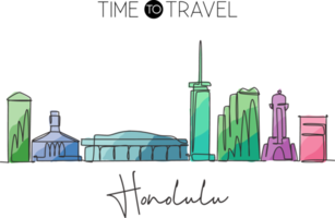 eine einzige strichzeichnung die skyline von honolulu, hawaii. historische Stadtlandschaft der Welt. bestes urlaubszielplakat. editierbarer Schlaganfall trendige durchgehende Linie zeichnen Design-Vektorillustration png