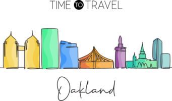 einzelne durchgehende Linienzeichnung der Skyline von Oakland City, Kalifornien. berühmte Stadtkratzerlandschaft. Weltreisekonzept Wanddekoration Home Art Poster Print. moderne einzeilige abgehobene betragsdesign-vektorillustration png