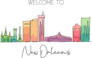Single continuous line drawing New Orleans city skyline, Louisiana, USA. Famous city landscape. World travel concept home wall decor poster print art. Modern one line draw design vector illustration png