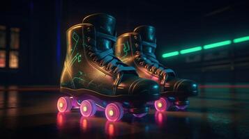 generativo ai, rodillo patinar en cyberpunk estilo, disco nostálgico años 80, años 90 neón noche luces vibrante colores, fotorrealista horizontal ilustración de el futurista ciudad. deporte actividad concepto. foto