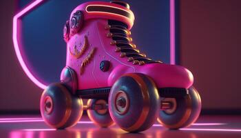 , Roller skate in cyberpunk style, disco nostalgic 80s, 90s. Neon night lights vibrant colors, photorealistic horizontal illustration of the futuristic city. Sport activity concept. photo