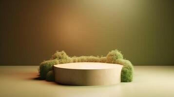 , product beige minimal scene with geometric podium platform and moss plants, mock up stand for cosmetic products. photo