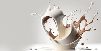 , Flowing liquid with splashes in white color. Glossy cream milk fluid banner, 3D effect, modern macro photorealistic abstract background illustration. photo