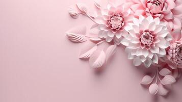 , Paper cut craft flowers and leaves, light pink color, floral origami textured background, spring mood. Photorealistic effect. photo