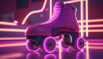 , Roller skate in cyberpunk style, disco nostalgic 80s, 90s. Neon night lights vibrant colors, photorealistic horizontal illustration of the futuristic city. Sport activity concept. photo