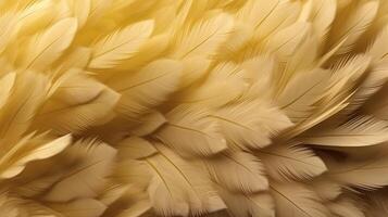 , Beautiful light yellow closeup feathers, photorealistic background. Small fluffy yellow feathers randomly scattered forming photo