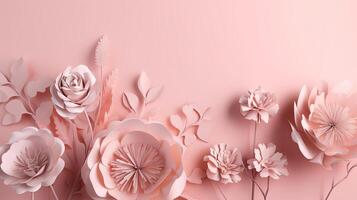 , Paper cut craft flowers and leaves, light pink color, floral origami textured background, spring mood. Photorealistic effect. photo