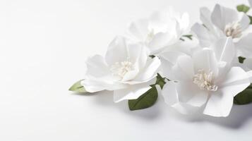 , Paper cut craft flowers and leaves, white color, floral origami textured background, spring mood. Photorealistic effect. photo