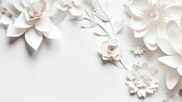 , Paper cut craft flowers and leaves, white color, floral origami textured background, spring mood. Photorealistic effect. photo