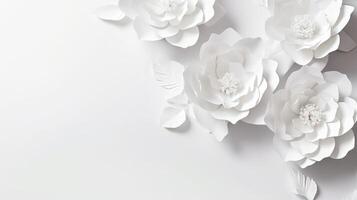 , Paper cut craft flowers and leaves, white color, floral origami textured background, spring mood. Photorealistic effect. photo