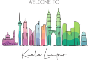 One single line drawing of Kuala Lumpur city skyline, Malaysia. Historical town landscape in the world. Best holiday destination. Editable stroke trendy continuous line draw design vector illustration png