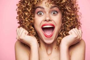 Beautiful woman Delight joy emotion happiness curly hair background photo