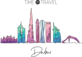 einzelne durchgehende linienzeichnung der skyline von dubai, vereinigte arabische emirate. berühmter Stadtlandschaftswanddekor-Kunstposterdruck. Weltreisekonzept. moderne einzeilige abgehobene betragsdesign-vektorillustration png