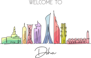 Single continuous line drawing of Doha city skyline, Qatar. Famous city scraper and landscape home wall decor poster print art. World travel concept. Modern one line draw design vector illustration png
