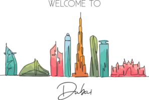 eine durchgehende strichzeichnung der skyline von dubai vereinigte arabische emirate. schönes Wahrzeichen der Stadt. Weltlandschaftstourismus und Reisen. bearbeitbare, stilvolle, einzeilige, strichzeichnung, design, vektor, illustration png