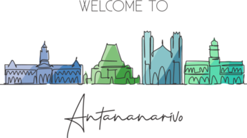 One continuous line drawing of Antananarivo city skyline, Madagascar. Beautiful city landmark. World landscape tourism and travel. Editable stylish stroke single line draw design vector illustration png