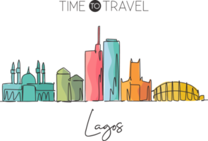 eine durchgehende strichzeichnung der skyline der stadt lagos, nigeria. schönes Wahrzeichen. Weltlandschaftstourismus und Reiseurlaub. bearbeitbare, stilvolle, einzeilige, strichzeichnung, design, vektorgrafik, illustration png