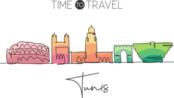 One single line drawing Tunis city skyline, Tunisia. Historical town landscape in world postcard. Best holiday destination. Editable stroke trendy continuous line draw design vector art illustration png