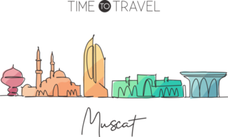 One single line drawing of Muscat city skyline, Oman. Historical town landscape in the world. Best holiday destination. Editable stroke trendy continuous line draw design vector graphic illustration png