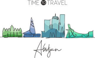 una linea singola che disegna lo skyline della città di abidjan, costa d'avorio. paesaggio storico della città nella cartolina del mondo. migliore destinazione per le vacanze. tratto modificabile illustrazione vettoriale di disegno a linea continua alla moda png