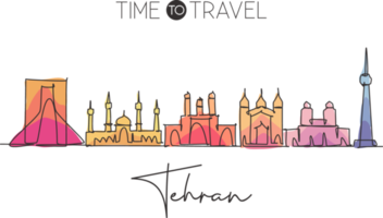 One single line drawing of Tehran or Teheran city skyline Iran. Historical town landscape in the world. Best holiday destination. Editable stroke trendy continuous line draw design vector illustration png