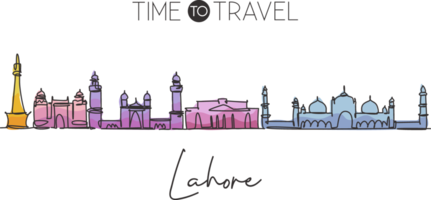 un dibujo de línea continua del horizonte de la ciudad de lahore, pakistán. hermoso hito de la ciudad. turismo paisajístico mundial y vacaciones de viaje. Ilustración de vector de diseño de dibujo de una sola línea de trazo elegante editable png
