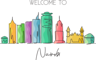 einzelne fortlaufende Linienzeichnung der Skyline von Nairobi, Kenia. berühmter Stadtkratzer und Landschaftswandkunstdekor-Plakatdruck. Weltreisekonzept. moderne einzeilige abgehobene betragsdesign-vektorillustration png