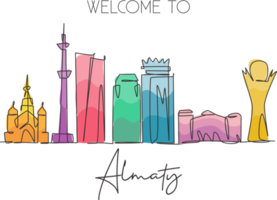 One continuous line drawing of Almaty city skyline, Kazakhstan. Beautiful landmark. World landscape tourism and travel vacation. Editable stylish stroke single line draw design vector illustration png