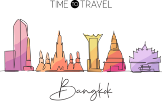 eine einzige strichzeichnung der skyline von bangkok, thailand. historische Stadtlandschaft. bestes Urlaubsziel Wohnkultur Wandkunst Posterdruck. trendige Design-Vektorillustration mit durchgehender Linie png
