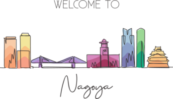 One single line drawing of Nagoya city skyline, Japan. Historical town landscape in the world. Best holiday destination poster. Editable stroke trendy continuous line draw design vector illustration png