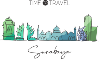 um desenho de linha contínua do horizonte da cidade de surabaya, indonésia. belo marco da cidade. férias de viagens de turismo de paisagem mundial. ilustração em vetor gráfico editável elegante desenho de linha única png