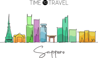 eine durchgehende strichzeichnung der skyline von sapporo, japan. schönes Wahrzeichen. Weltlandschaftstourismus und Reiseurlaubsplakat. bearbeitbare, stilvolle, einzeilige, strichzeichnung, design, vektor, illustration png