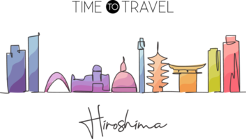 un disegno a linea singola dello skyline della città di hiroshima, in giappone. paesaggio storico della città. stampa di poster per la decorazione della parete di arte per la casa della migliore destinazione per le vacanze. illustrazione vettoriale di disegno di linea continua alla moda png