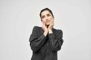 woman holding his head depressed isolated background photo