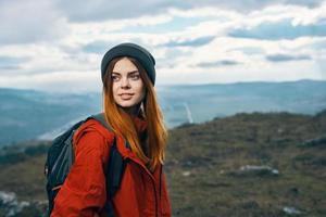 mountains landscape woman vacation adventure backpack tourism model photo