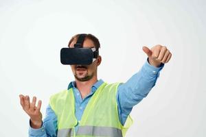 man in construction uniform vr glasses engineer work photo