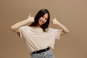 portrait woman in a beige T-shirt posing clothing fashion Lifestyle photo